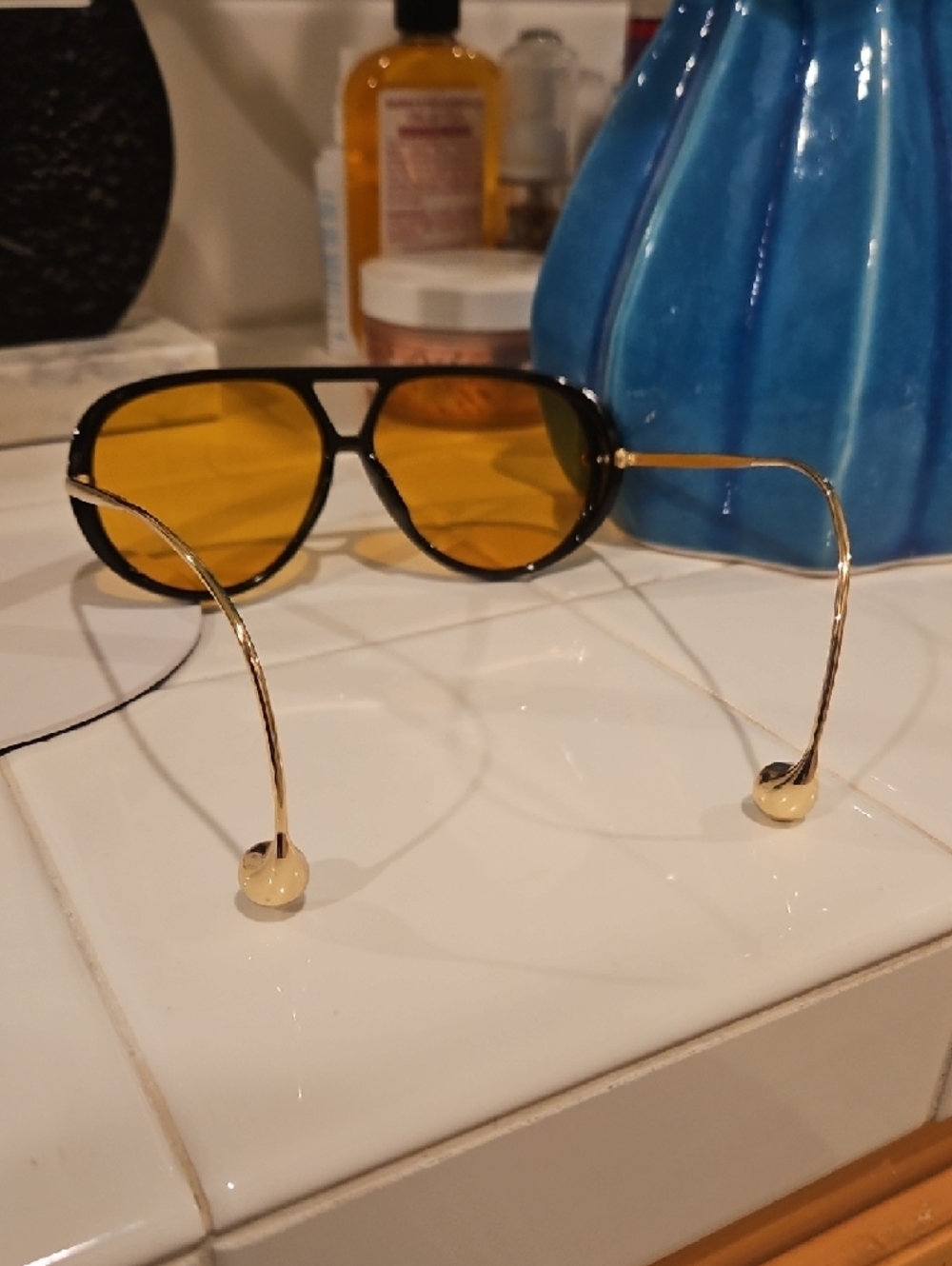Black Frame Sunglasses with Amber Yellow Lenses - Picture 4 of 7